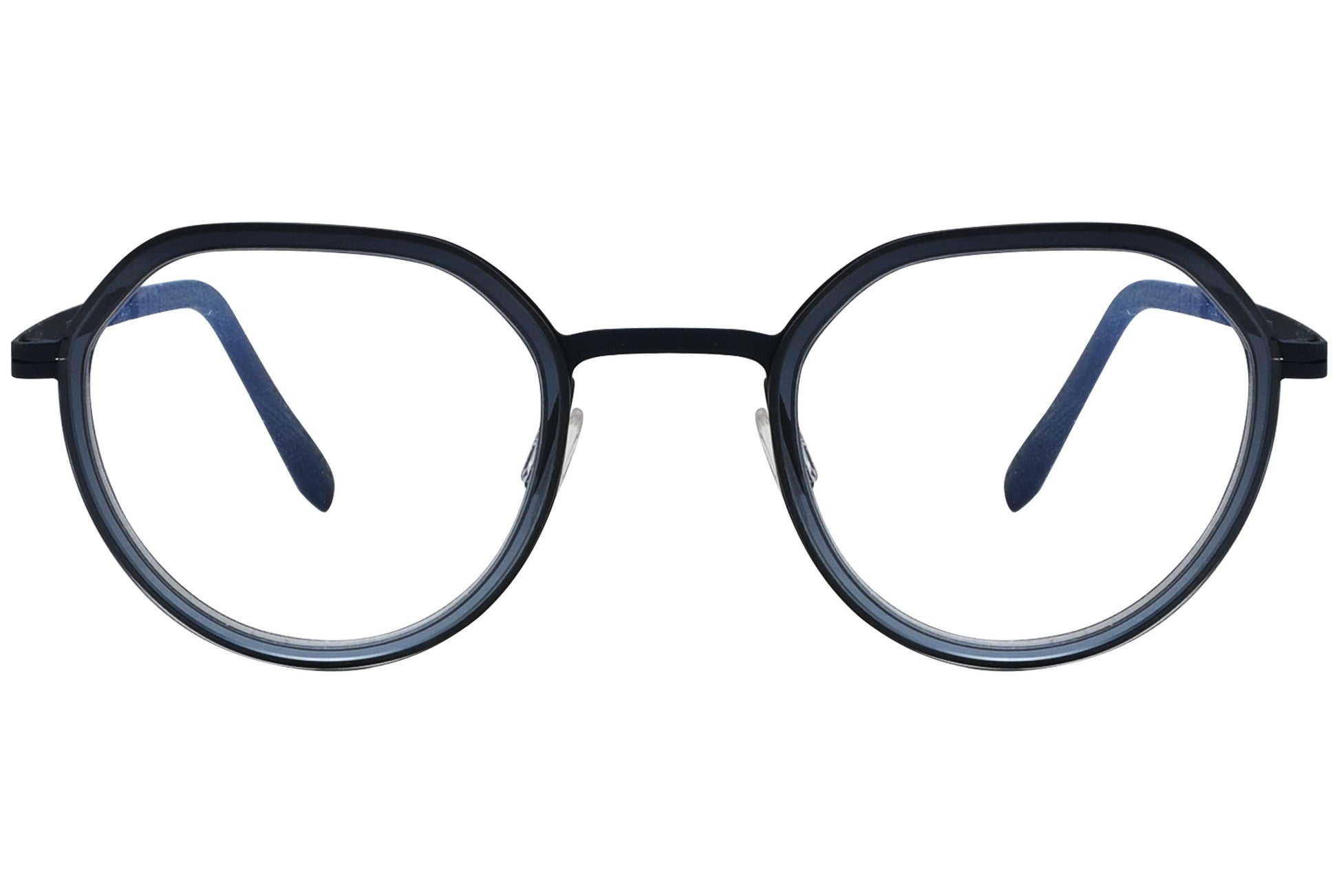 blackfin oval blue eyeglasses frame viewed from a 90-degree angle.