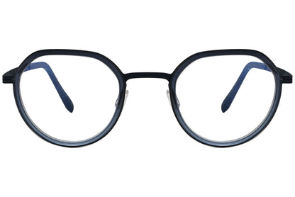 blackfin oval blue eyeglasses frame viewed from a 90-degree angle.