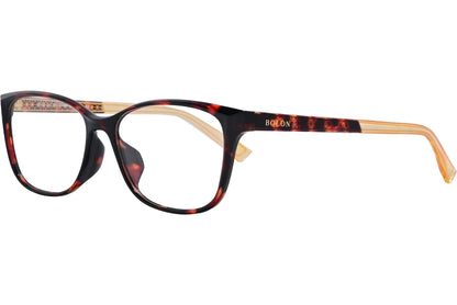 A pair of Bolon rectangle eyeglasses with a tortoise color frame.