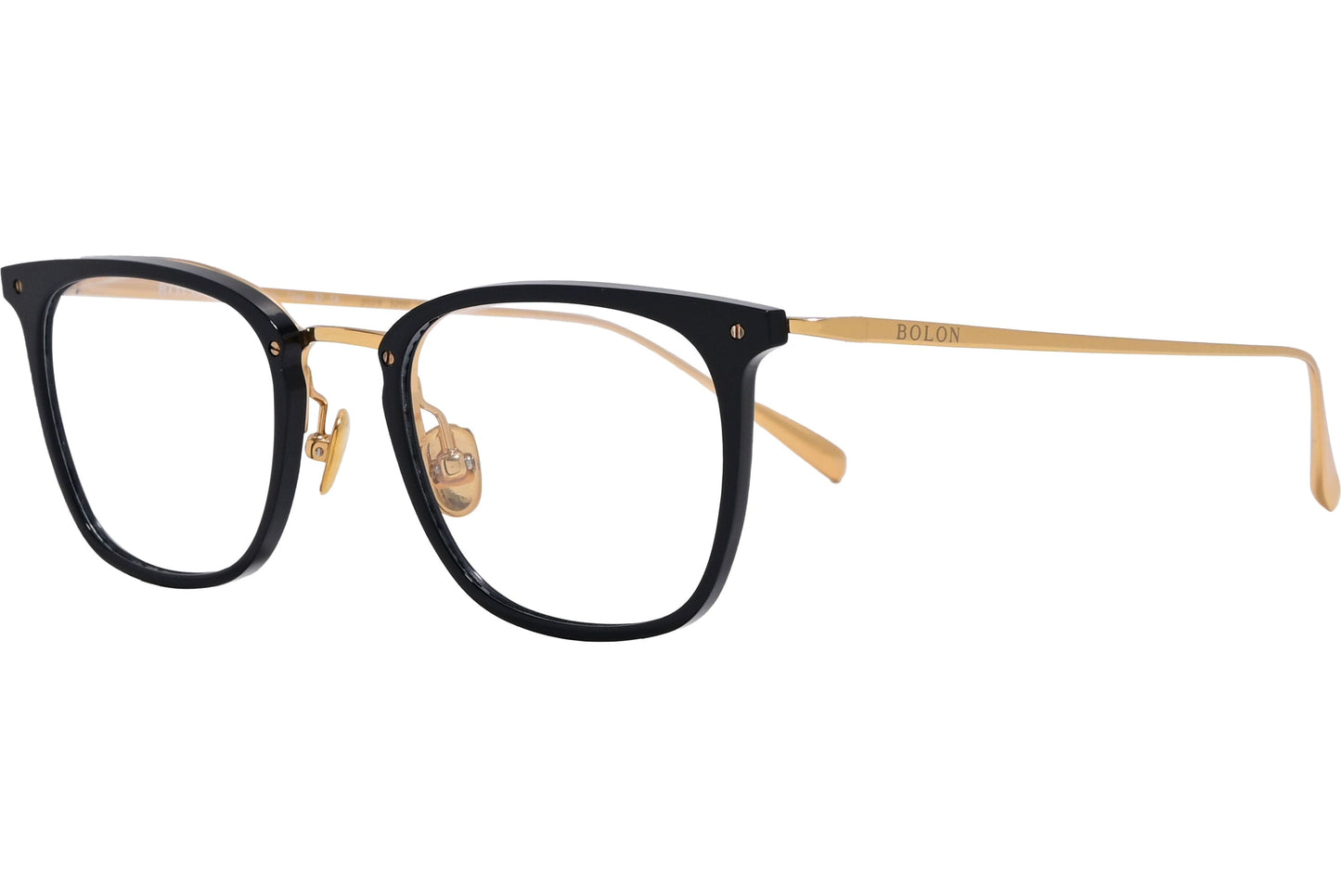 Bolon Square Gold Eyeglasses Frame Viewed From A 45-Degree Angle.