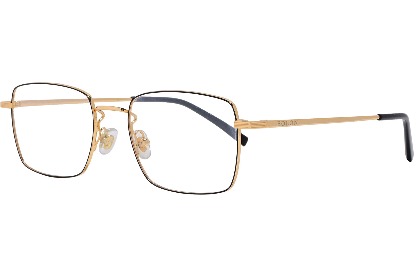 A pair of gold rectangle eyeglasses with a metallic frame.