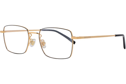 A pair of gold rectangle eyeglasses with a metallic frame.
