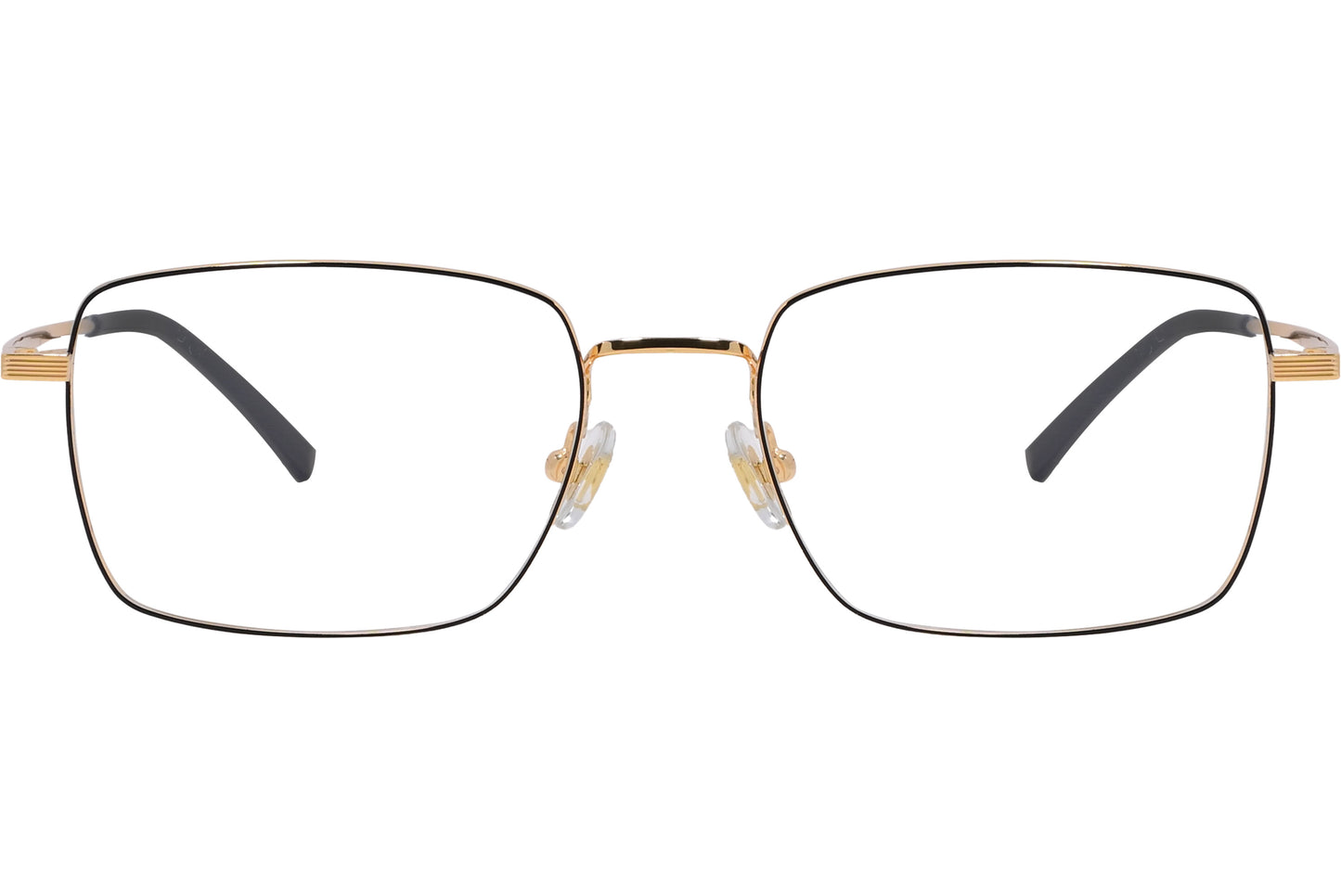 A pair of gold rectangle eyeglasses with a metallic frame.