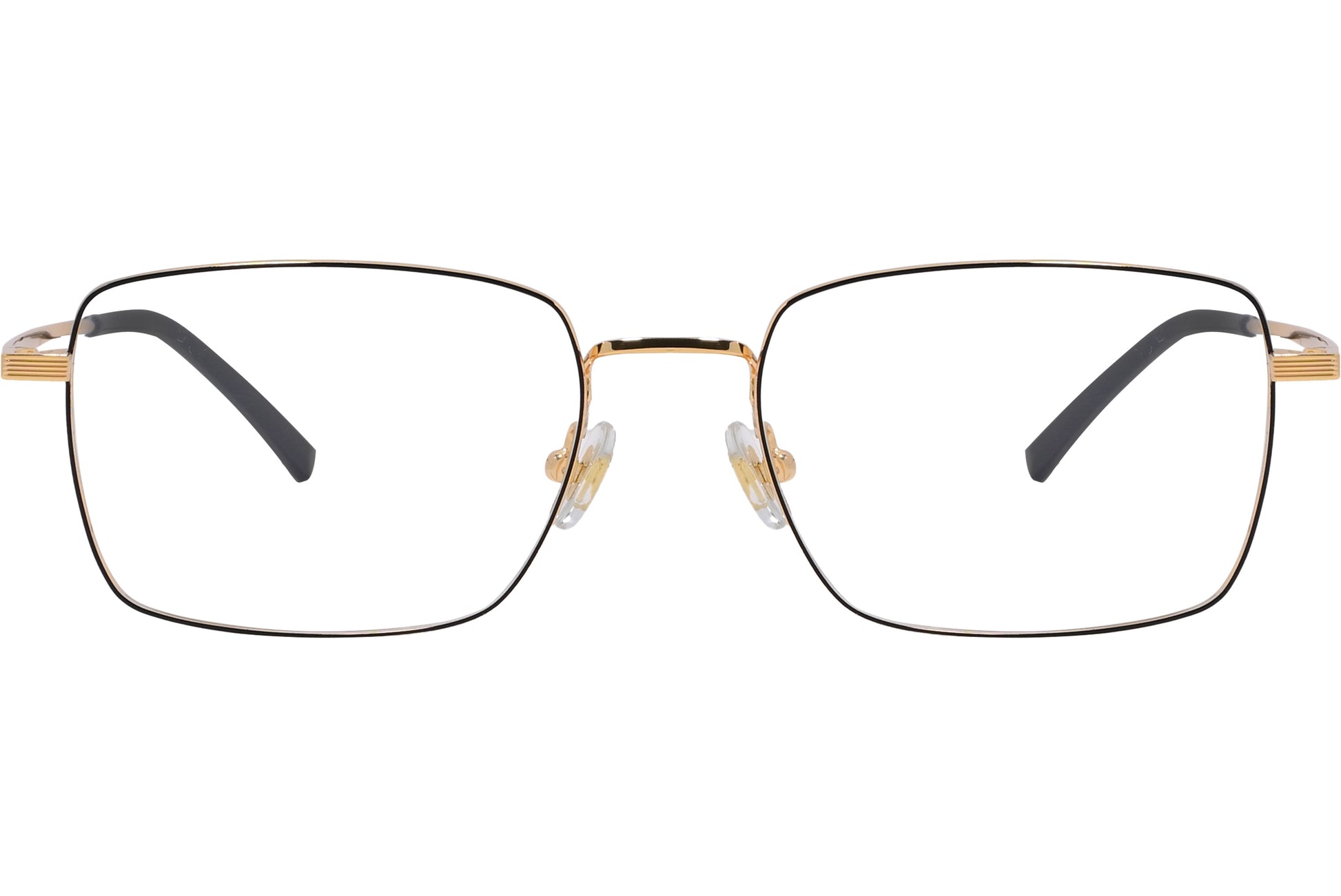 A pair of gold rectangle eyeglasses with a metallic frame.