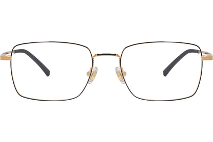 A pair of gold rectangle eyeglasses with a metallic frame.