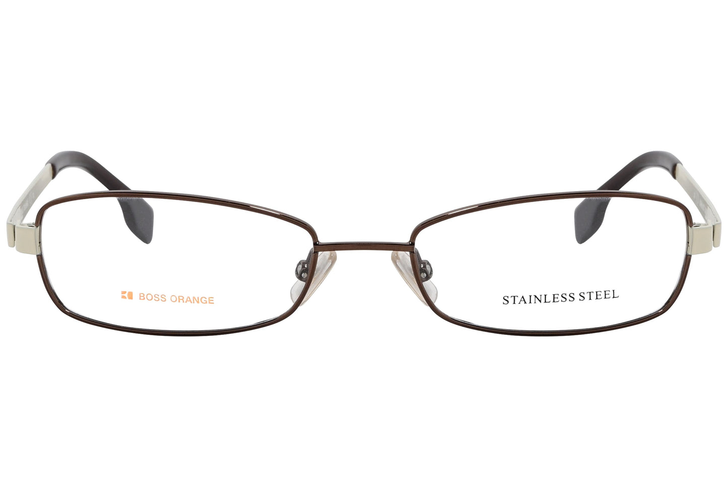 boss orange rectangle bronze eyeglasses frame viewed from front angle.