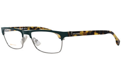 boss orange browline tortoise eyeglasses frame viewed from a 45-degree angle.