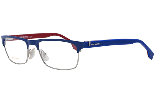 boss orange browline blue eyeglasses frame viewed from a 45-degree angle.