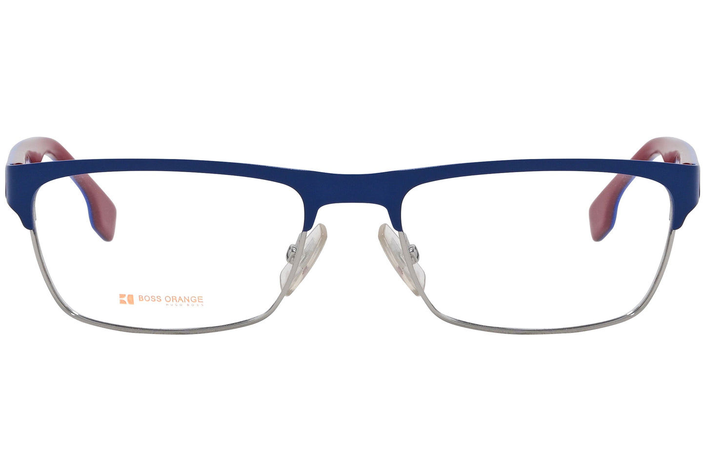 boss orange browline blue eyeglasses frame viewed from front angle.