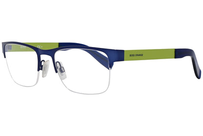 boss orange browline blue eyeglasses frame viewed from a 45-degree angle.