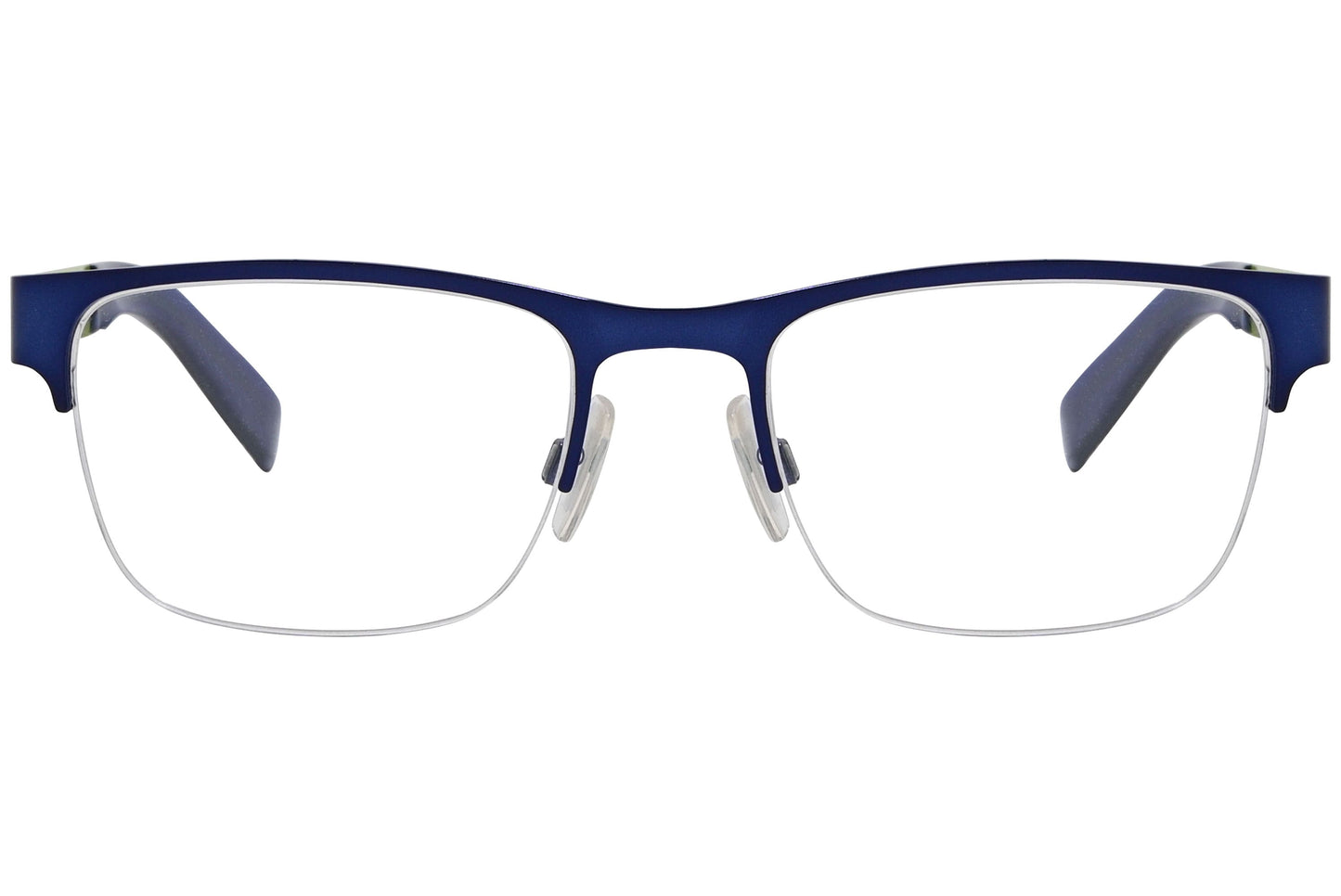 boss orange browline blue eyeglasses frame viewed from front angle.