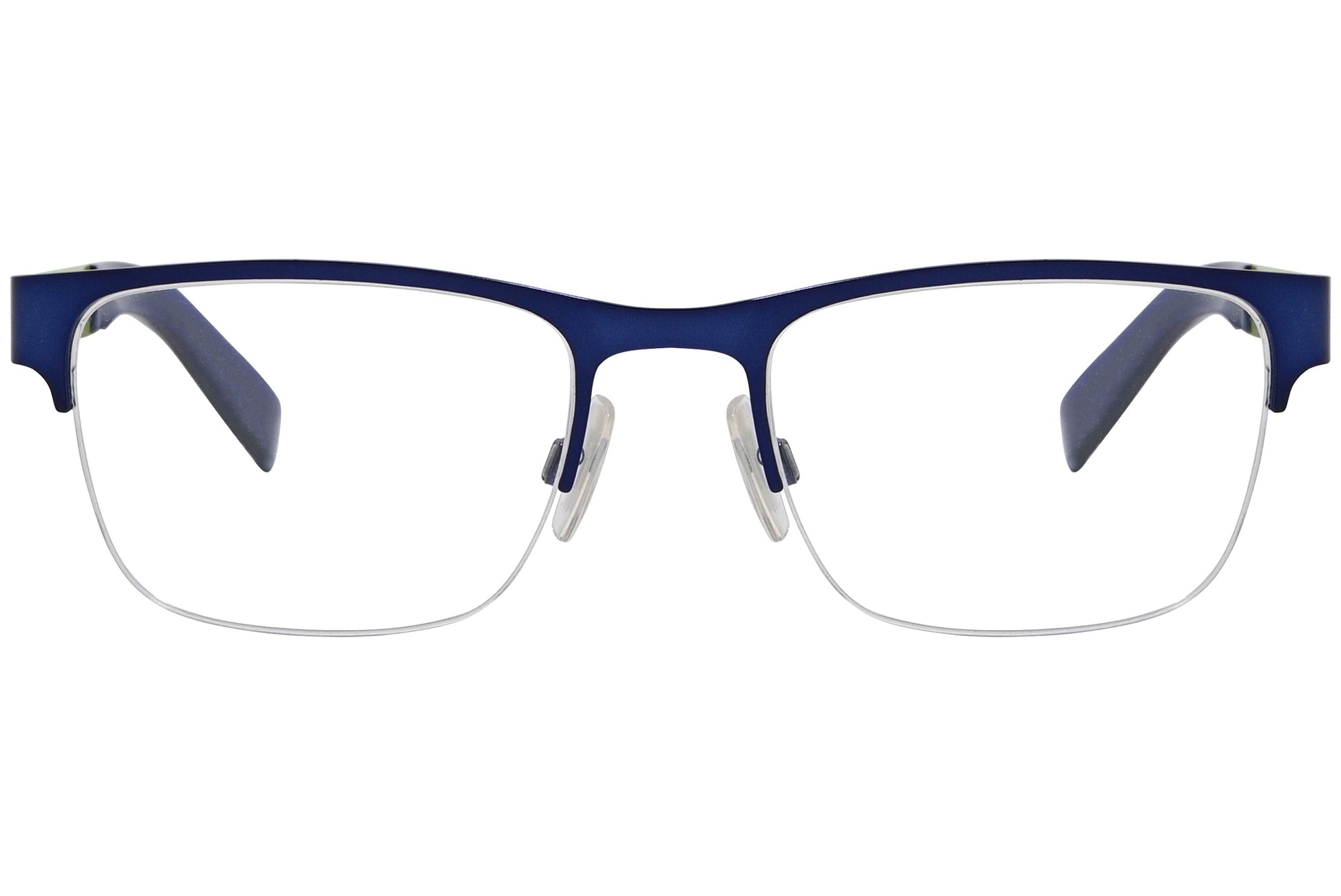 boss orange browline blue eyeglasses frame viewed from front angle.