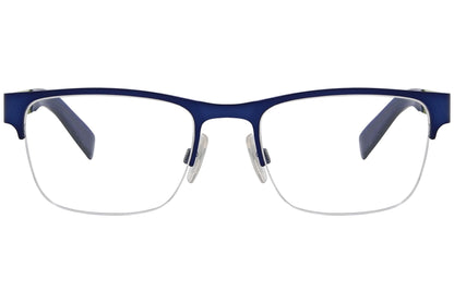 boss orange browline blue eyeglasses frame viewed from front angle.