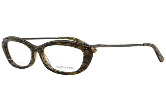 bottega veneta rectangle green eyeglasses frame viewed from a 45-degree angle.