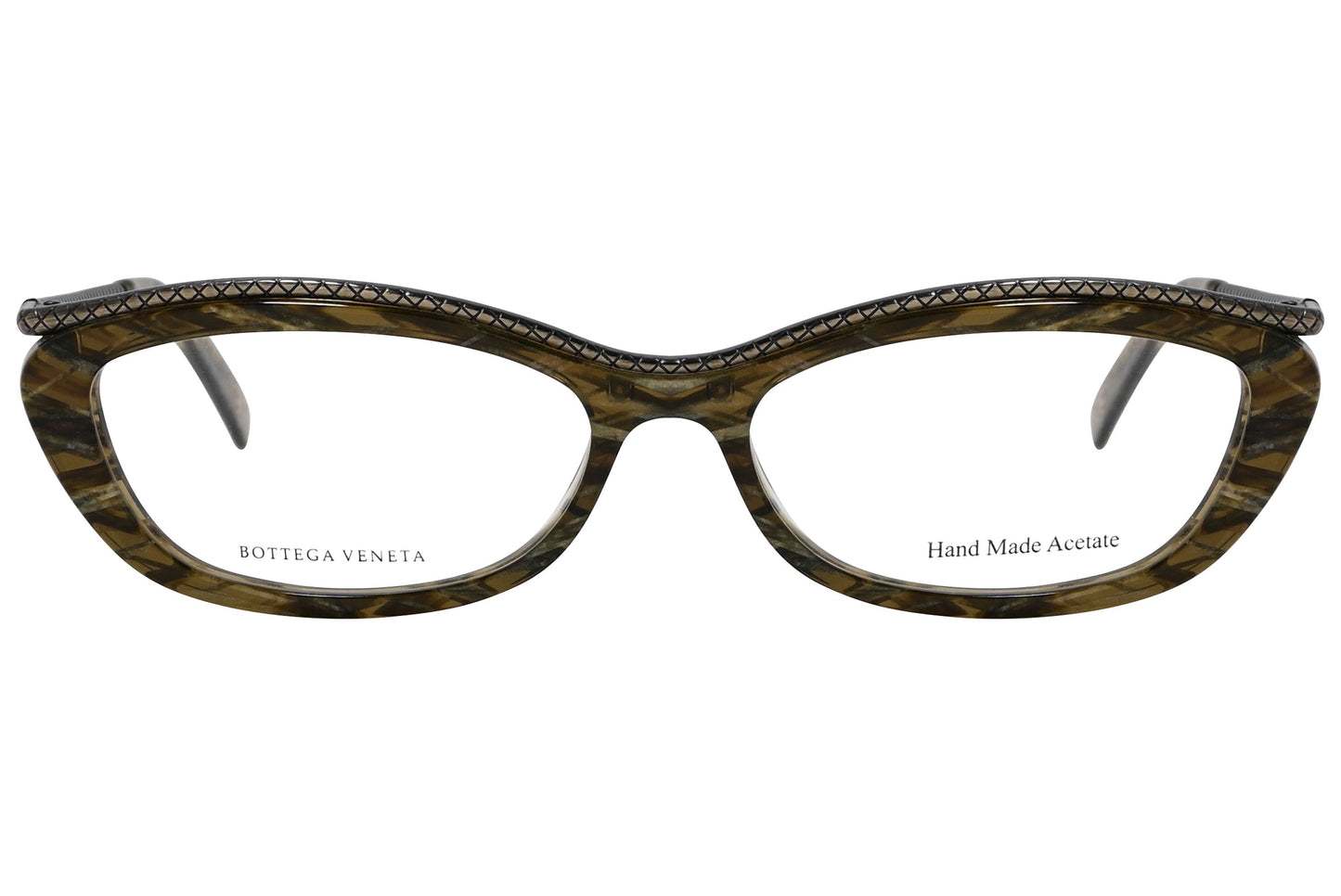 bottega veneta rectangle green eyeglasses frame viewed from front angle.