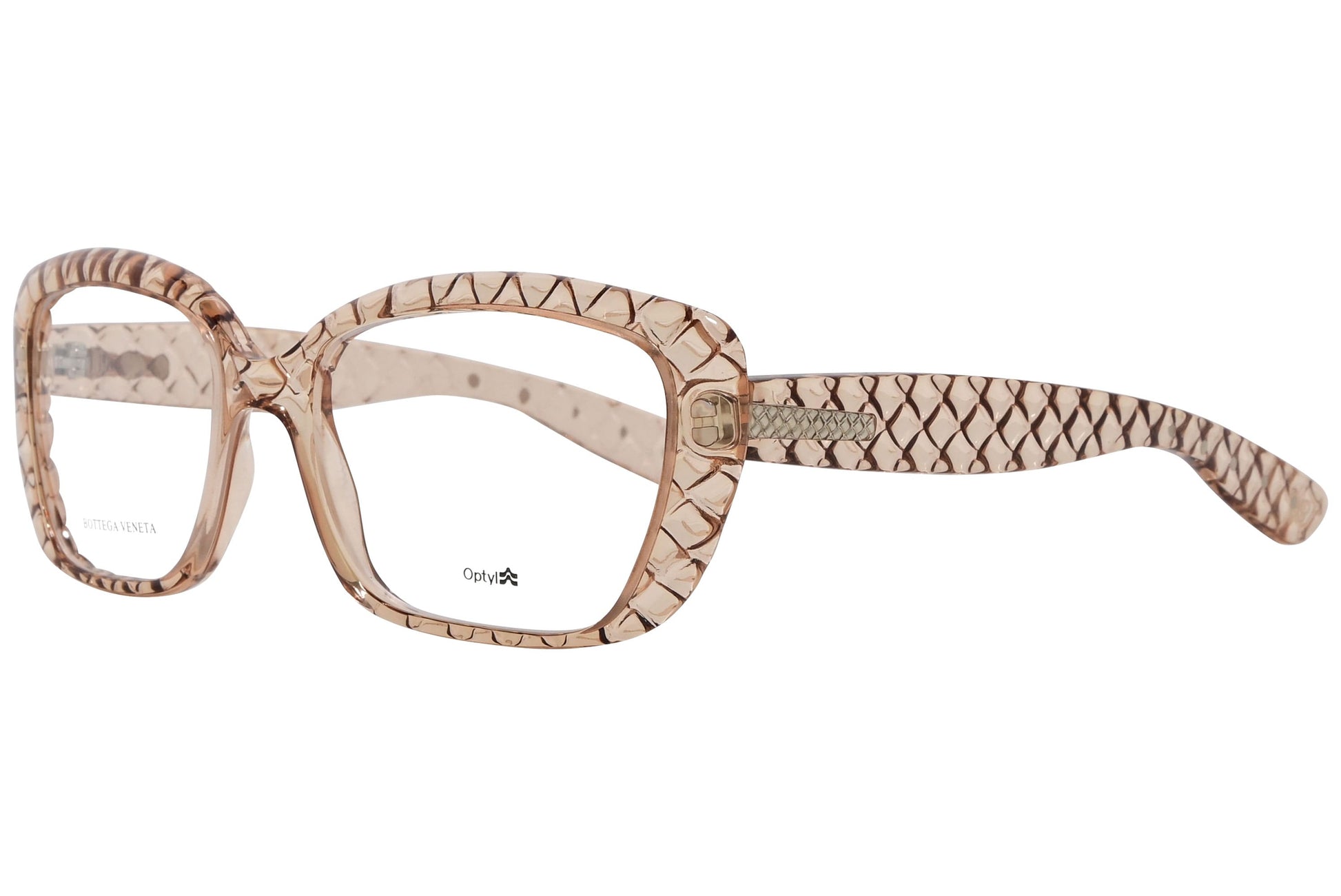 bottega veneta geometric brown eyeglasses frame viewed from a 45-degree angle.