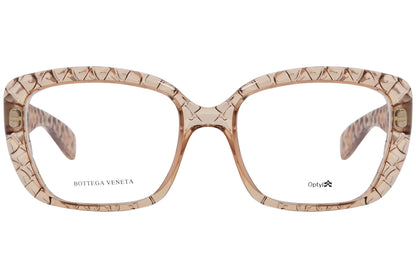 bottega veneta geometric brown eyeglasses frame viewed from front angle.