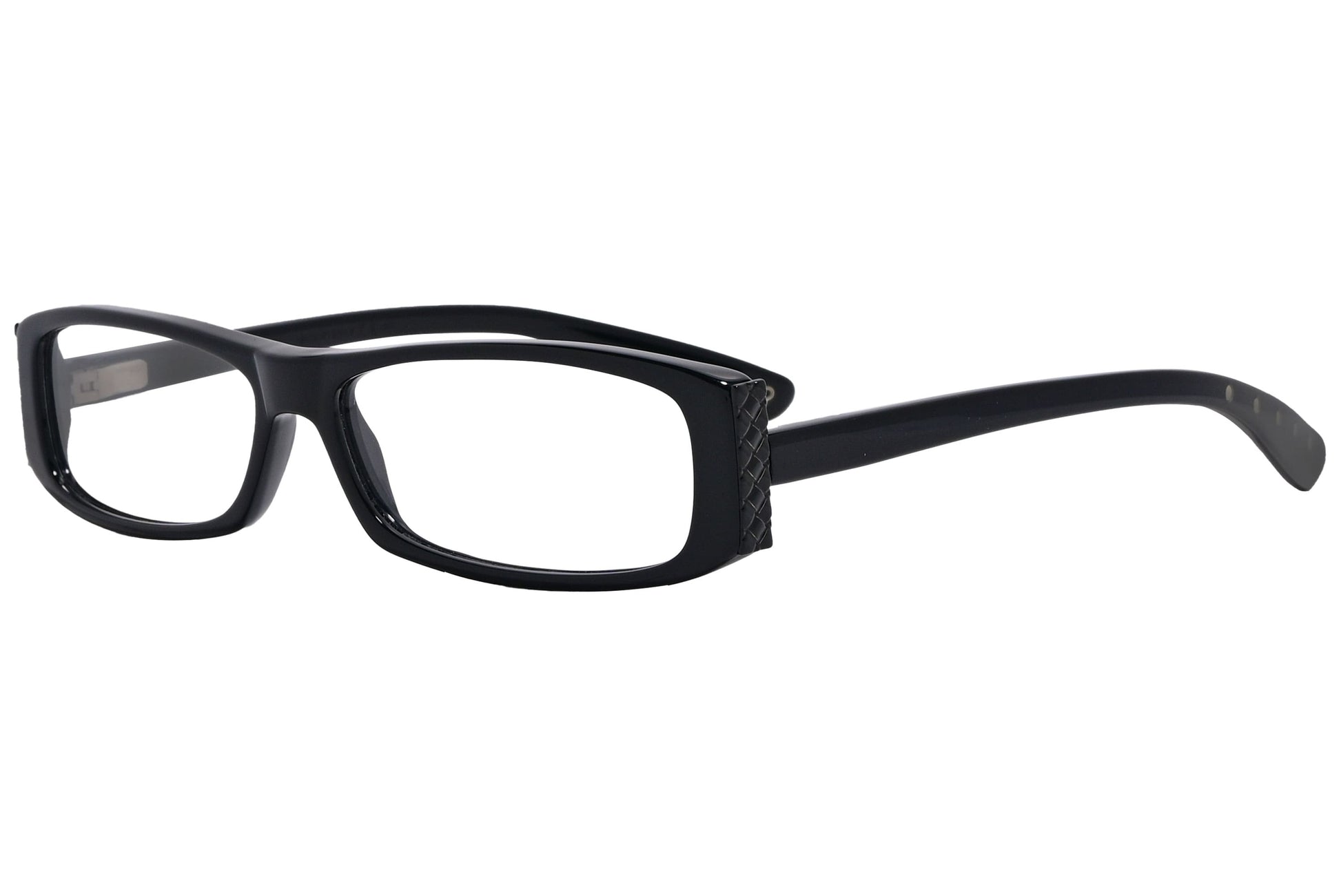 Bottega Veneta Rectangle Black Eyeglasses Frame Viewed From A 45-Degree Angle.