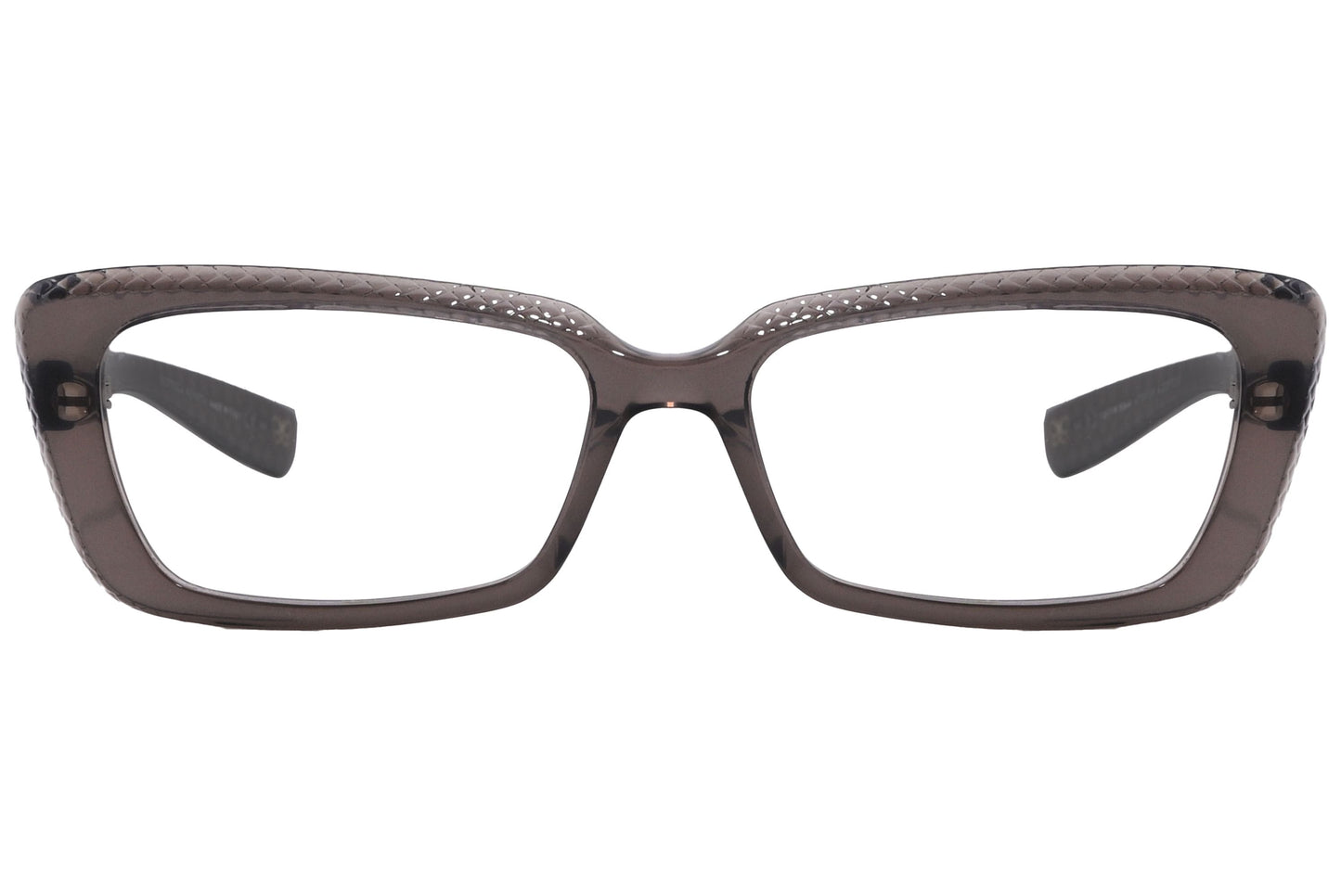 Bottega Veneta Geometric Gray Eyeglasses Frame Viewed From Front Angle.