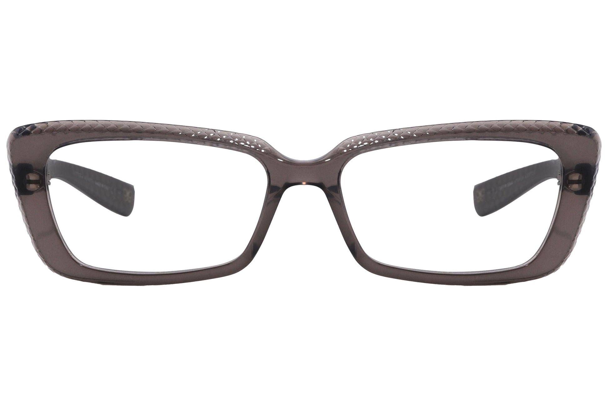 Bottega Veneta Geometric Gray Eyeglasses Frame Viewed From Front Angle.