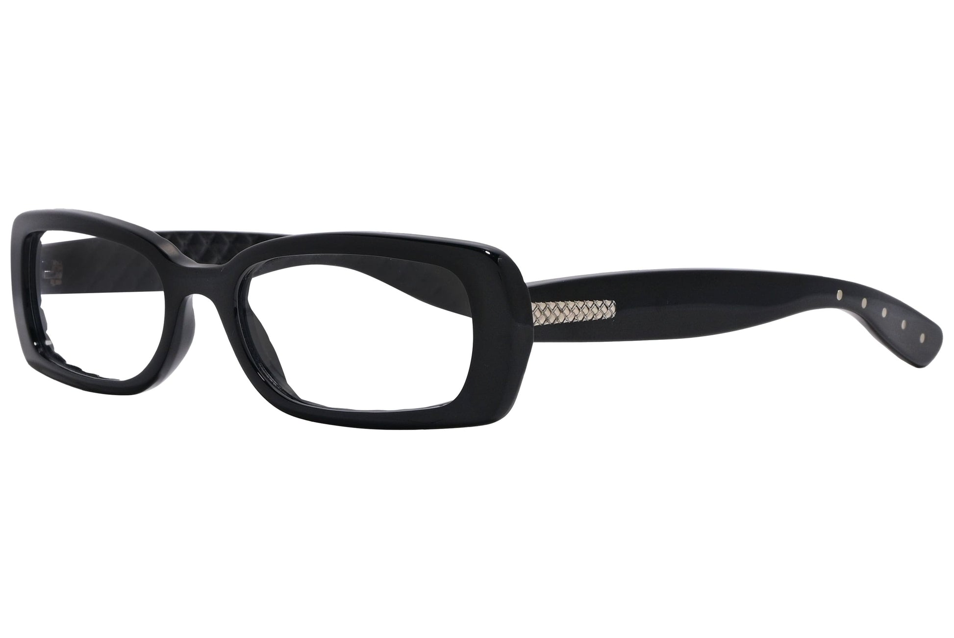 Bottega Veneta Rectangle Black Eyeglasses Frame Viewed From A 45-Degree Angle.