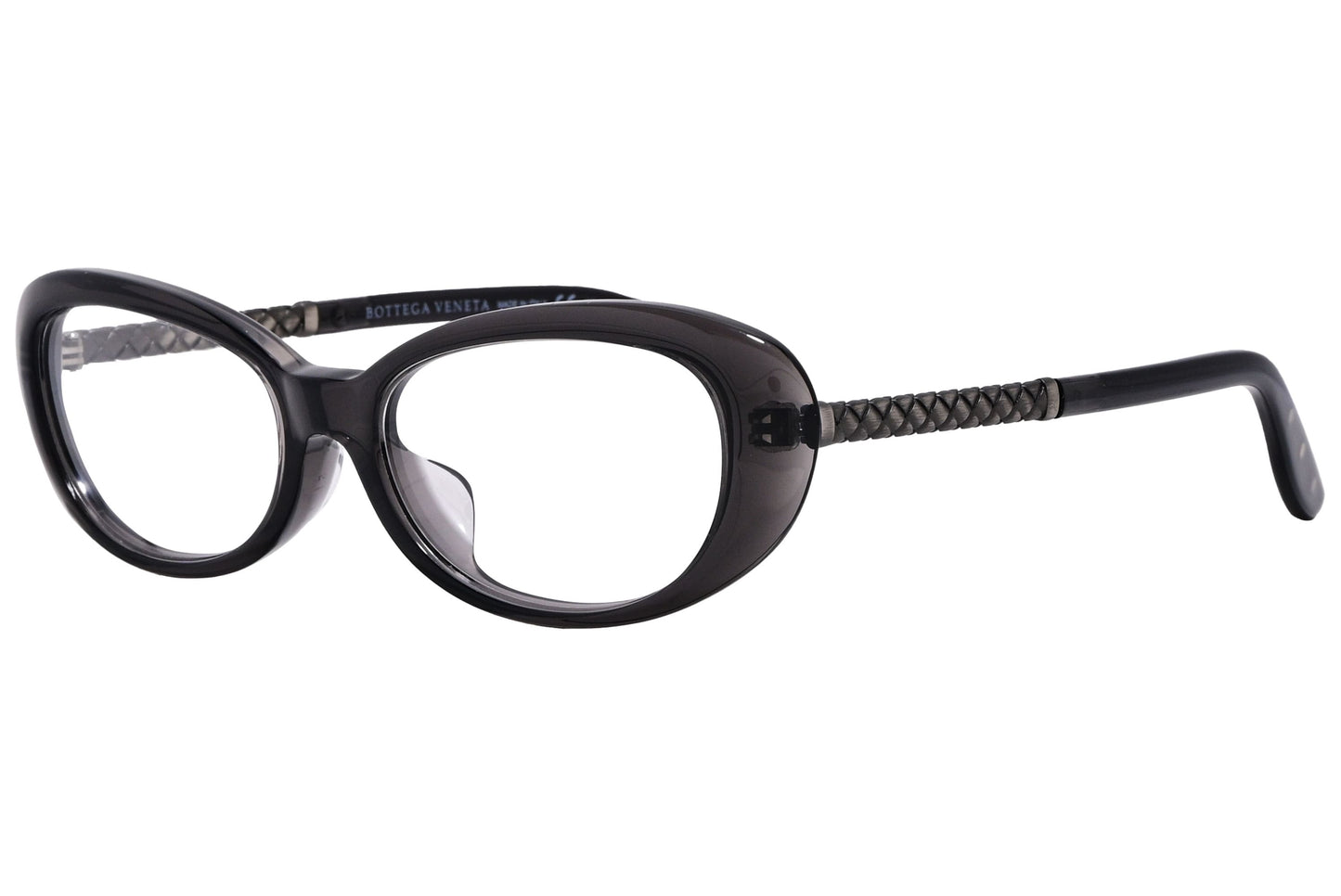 Bottega Veneta Oval Black Eyeglasses Frame Viewed From A 45-Degree Angle.