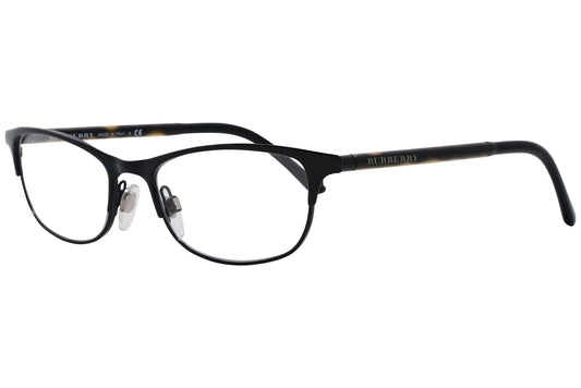 burberry oval black eyeglasses frame viewed from a 45-degree angle.