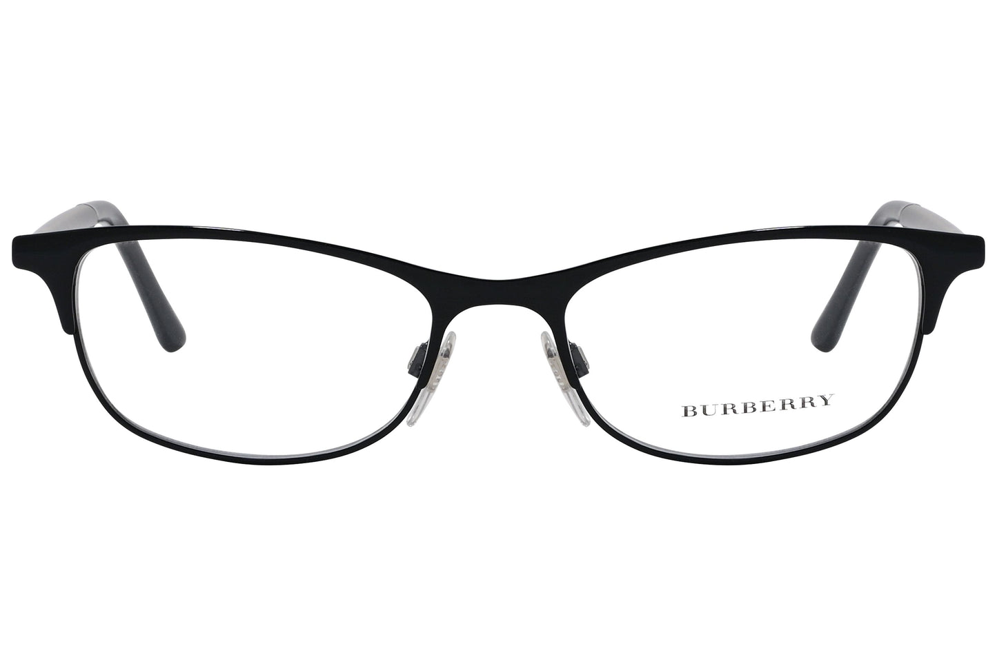 burberry oval black eyeglasses frame viewed from front angle.