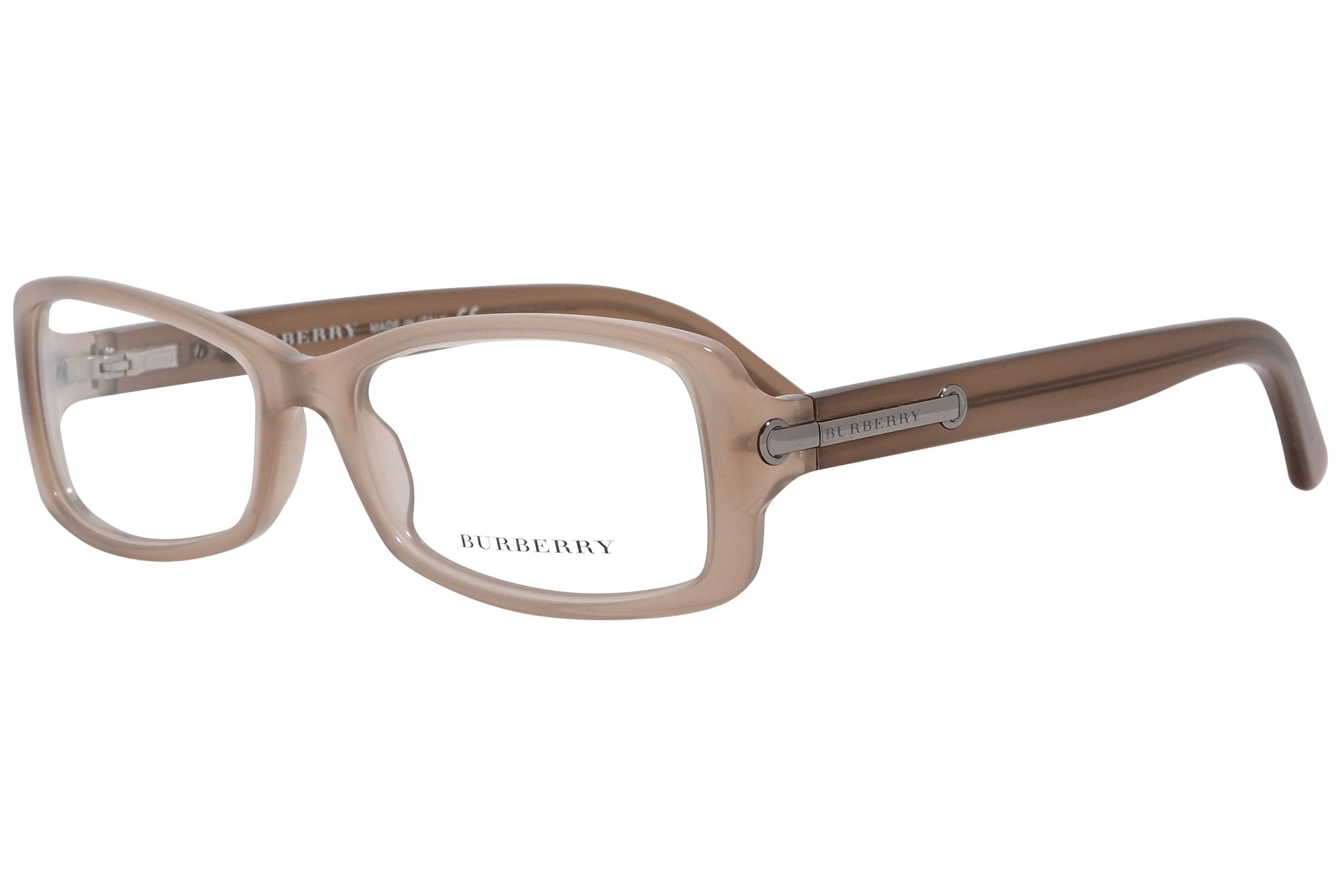 burberry geometric brown eyeglasses frame viewed from a 45-degree angle.