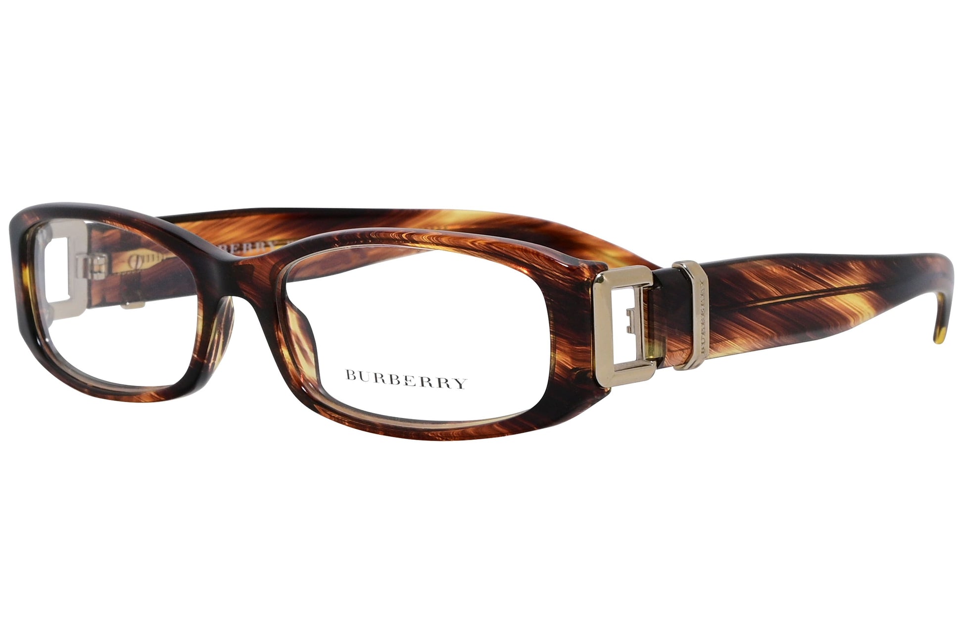 burberry rectangle tortoise eyeglasses frame viewed from a 45-degree angle.