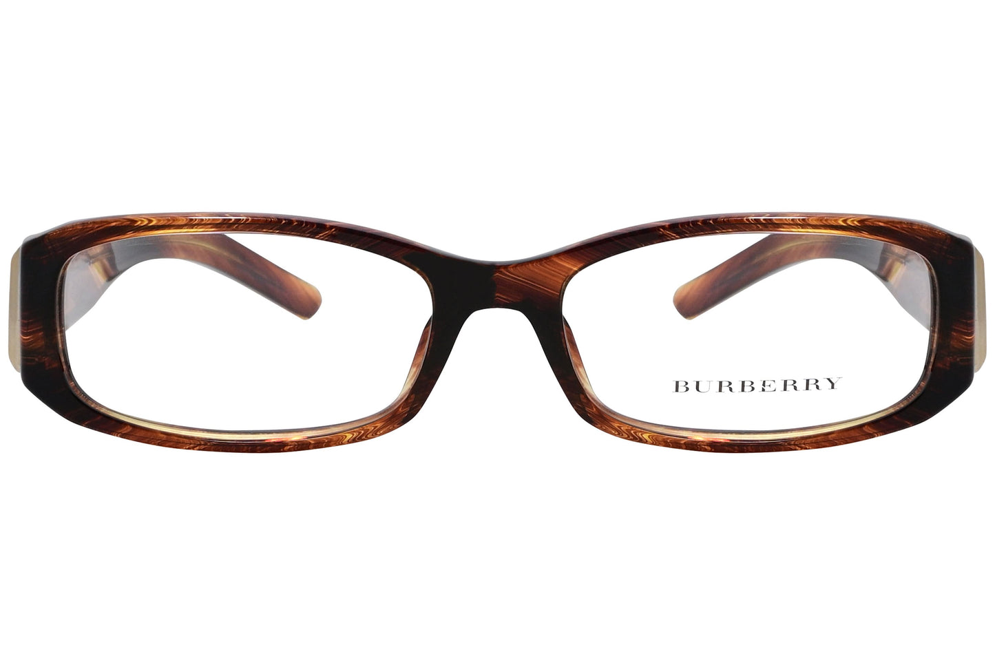 burberry rectangle tortoise eyeglasses frame viewed from front angle.