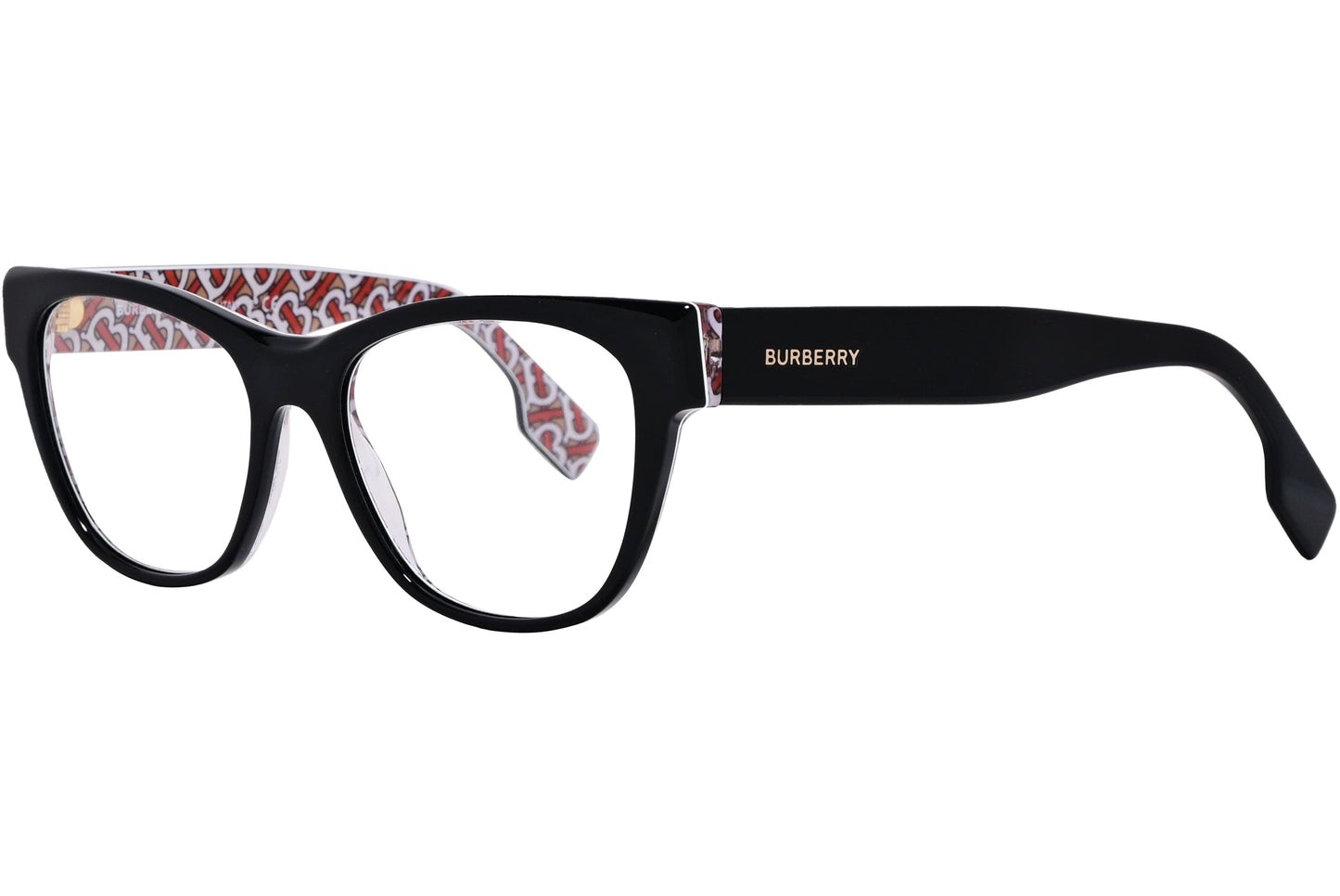 Burberry Rectangle Black Eyeglasses Frame Viewed From A 45-Degree Angle.