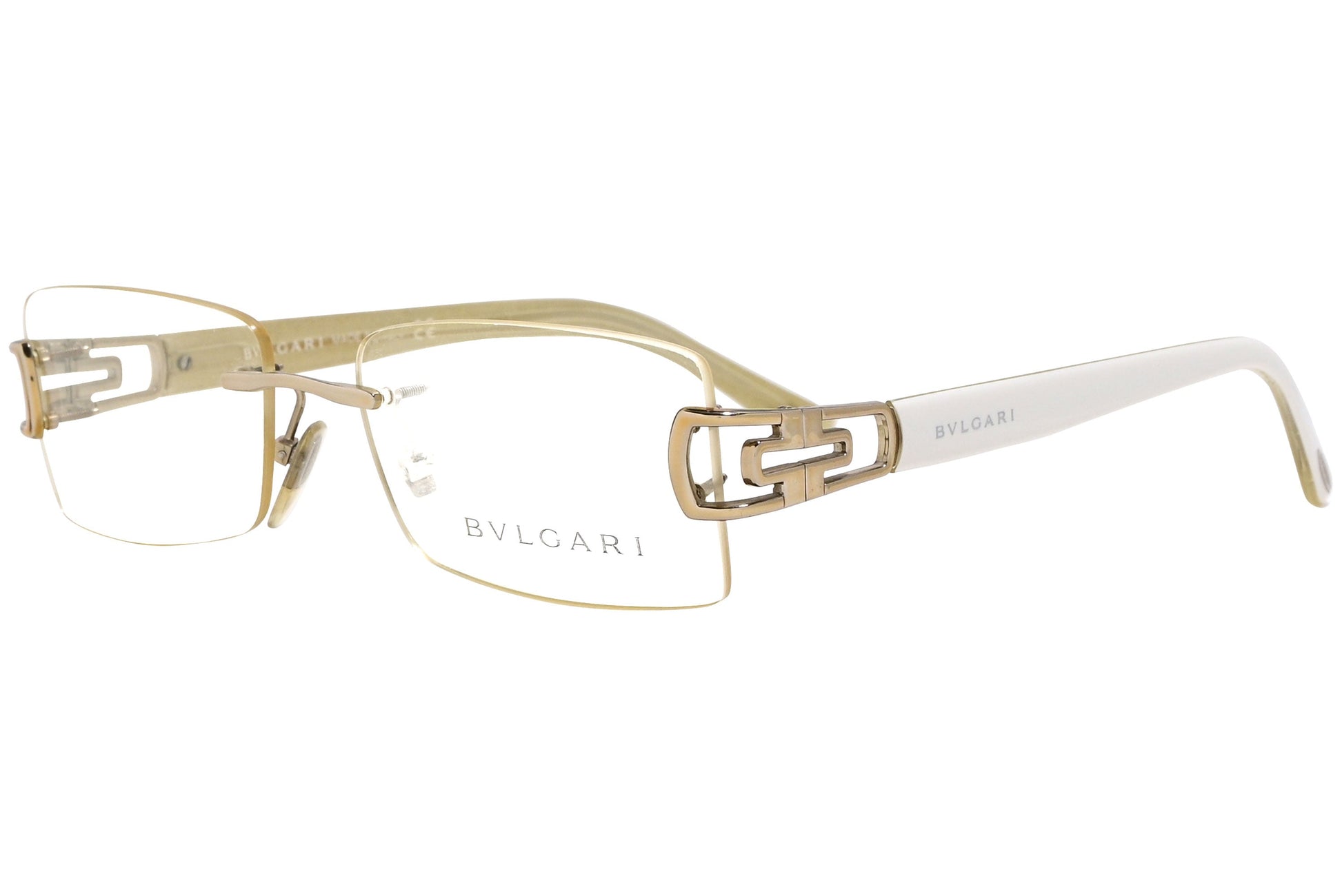 bvlgari rimless gold, white eyeglasses frame viewed from a 45-degree angle.