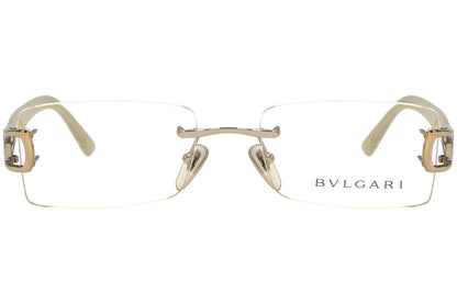 bvlgari rimless gold, white eyeglasses frame viewed from Front angle.