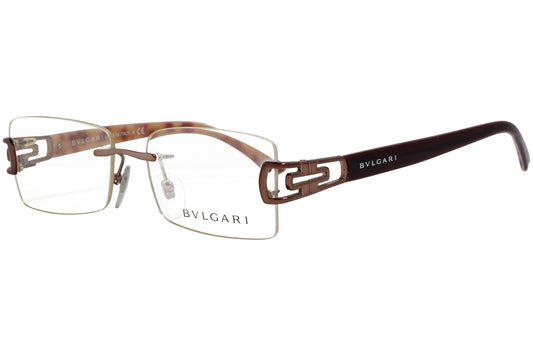 bvlgari rimless bronze eyeglasses frame viewed from a 45-degree angle.