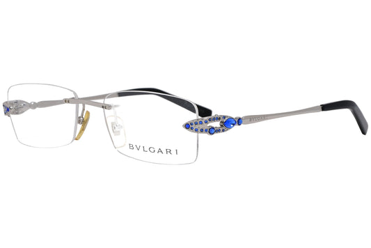 bvlgari rimless blue eyeglasses frame viewed from a 45-degree angle.