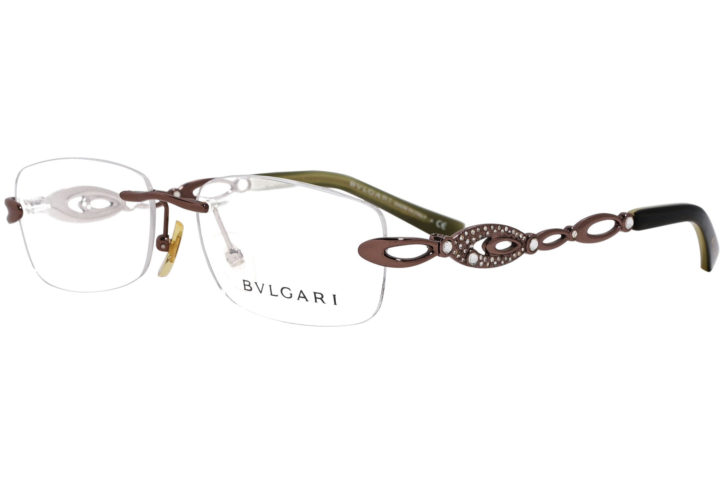 bvlgari rimless bronze eyeglasses frame viewed from a 45-degree angle.