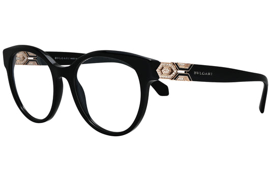 bvlgari round black eyeglasses frame viewed from a 45-degree angle.