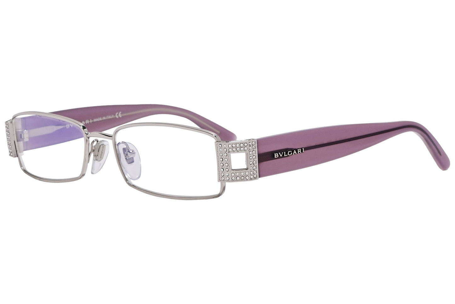 Bvlgari Rectangle Purple Eyeglasses Frame Viewed From A 45-Degree Angle.