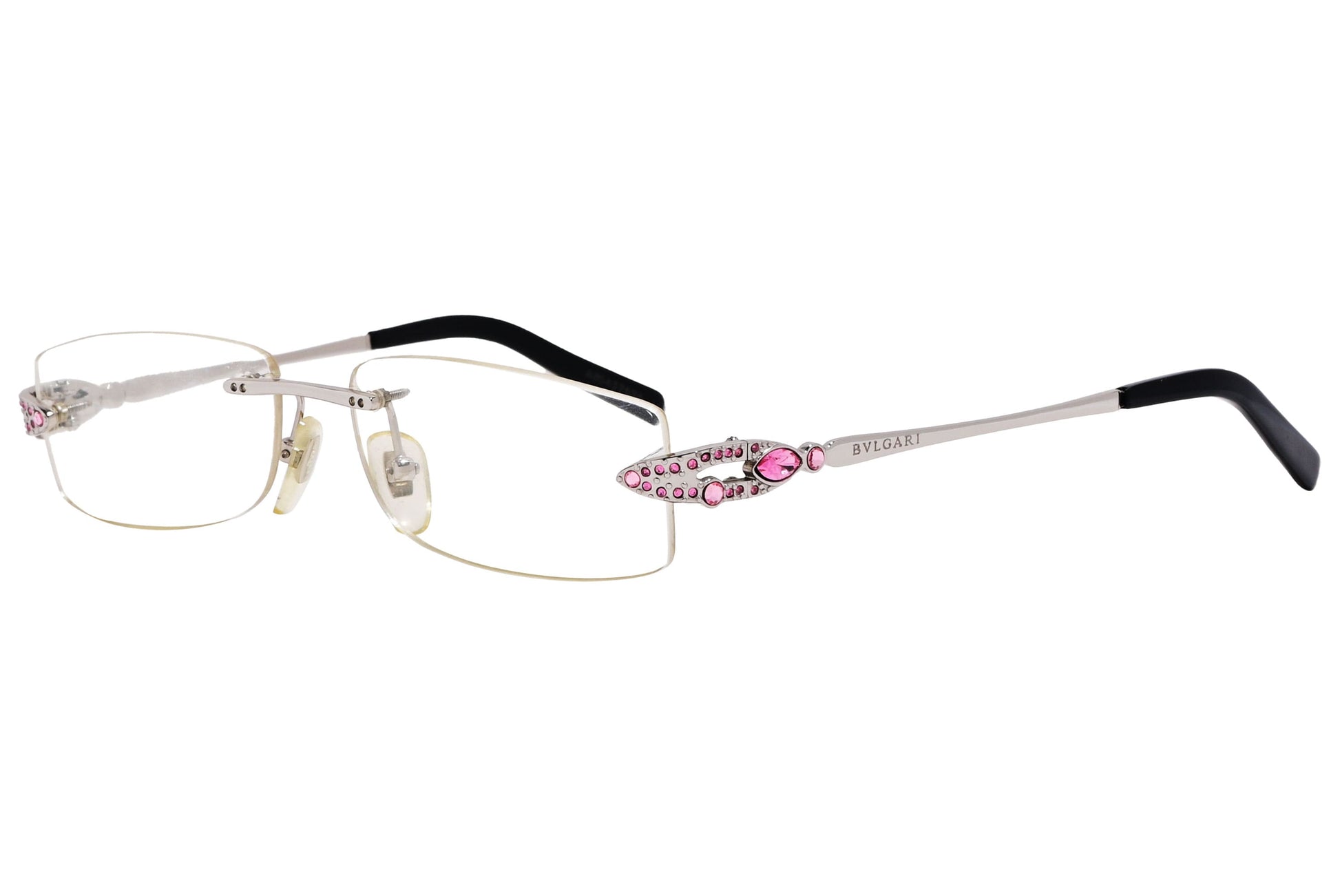 Bvlgari Rectangle Pink Eyeglasses Frame Viewed From A 45-Degree Angle.