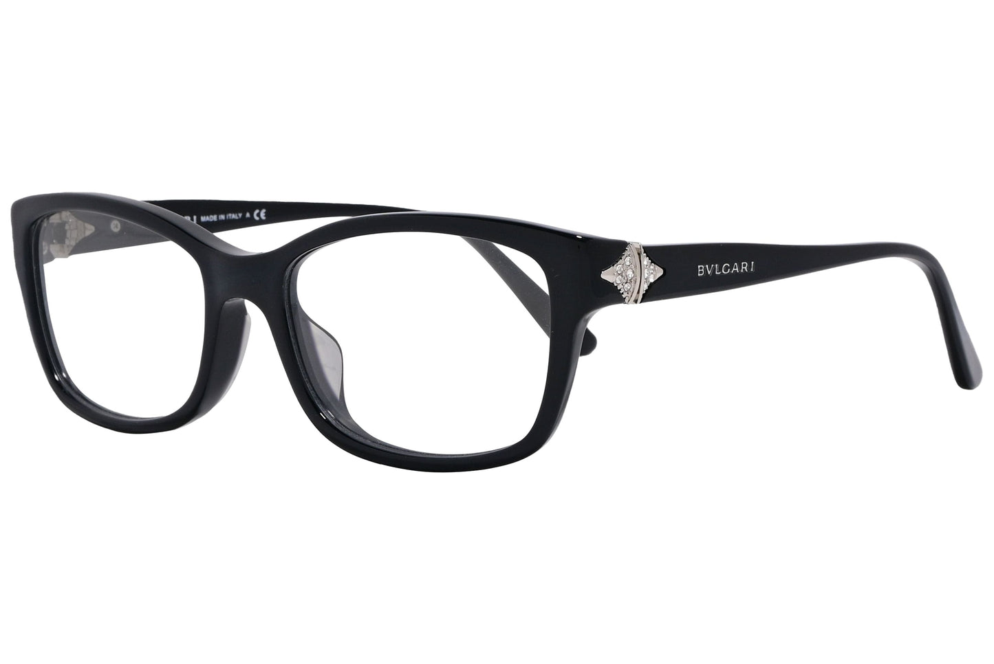 Bvlgari Rectangle Black Eyeglasses Frame Viewed From A 45-Degree Angle.