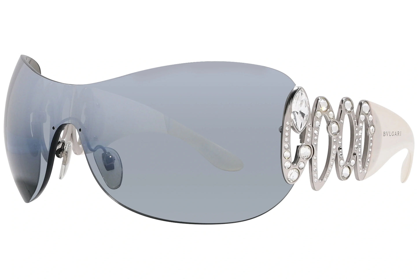 Bvlgari Silver Color Wrap Around Sunglasses Viewed From A 45-Degree Angle.