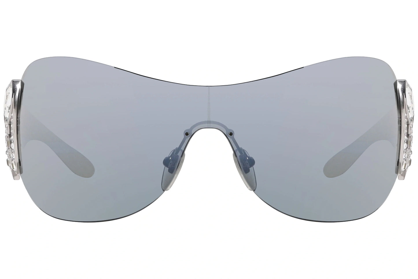 Bvlgari Silver Color Wrap Around Sunglasses Viewed From Front Angle.