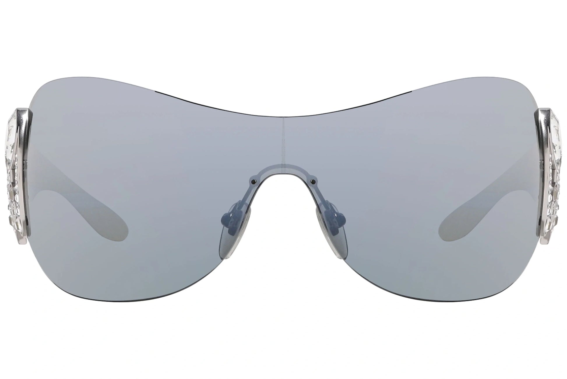 Bvlgari Silver Color Wrap Around Sunglasses Viewed From Front Angle.