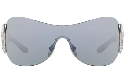 Bvlgari Silver Color Wrap Around Sunglasses Viewed From Front Angle.