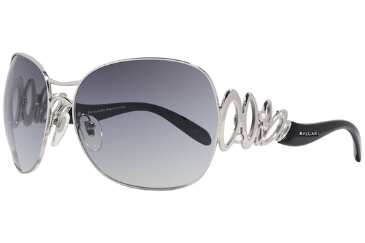 Bvlgari Silver Color Wrap Around Sunglasses Viewed From A 45-Degree Angle.