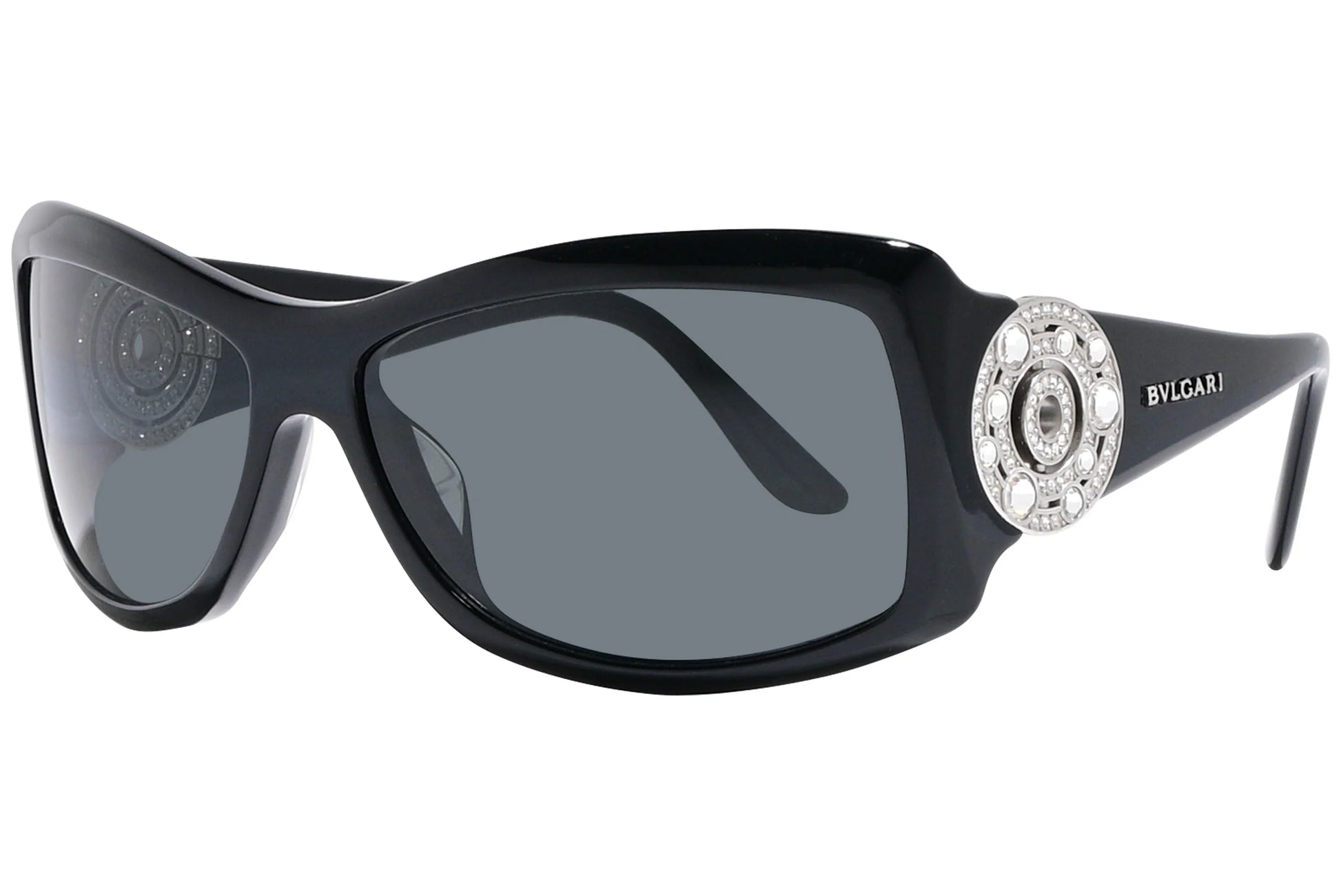 Bvlgari Black Color Wrap Around Sunglasses Viewed From A 45-Degree Angle.