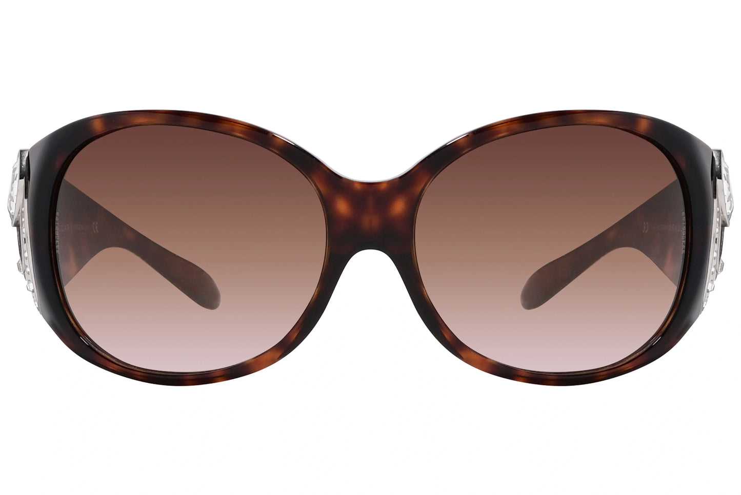 Bvlgari Tortoise Color Wrap Around Sunglasses Viewed From Front Angle.