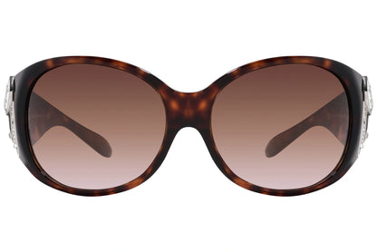 Bvlgari Tortoise Color Wrap Around Sunglasses Viewed From Front Angle.