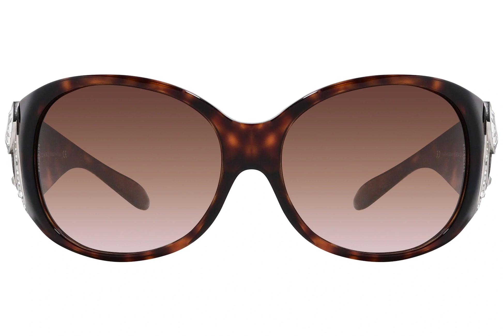 Bvlgari Tortoise Color Wrap Around Sunglasses Viewed From Front Angle.